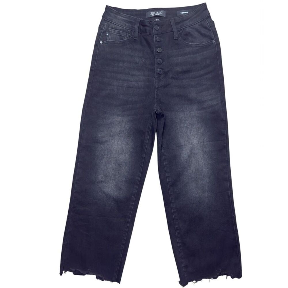 Judy Blue Wide Leg Crop Frayed Hem Black High Rise Denim Jean Size: 7/28